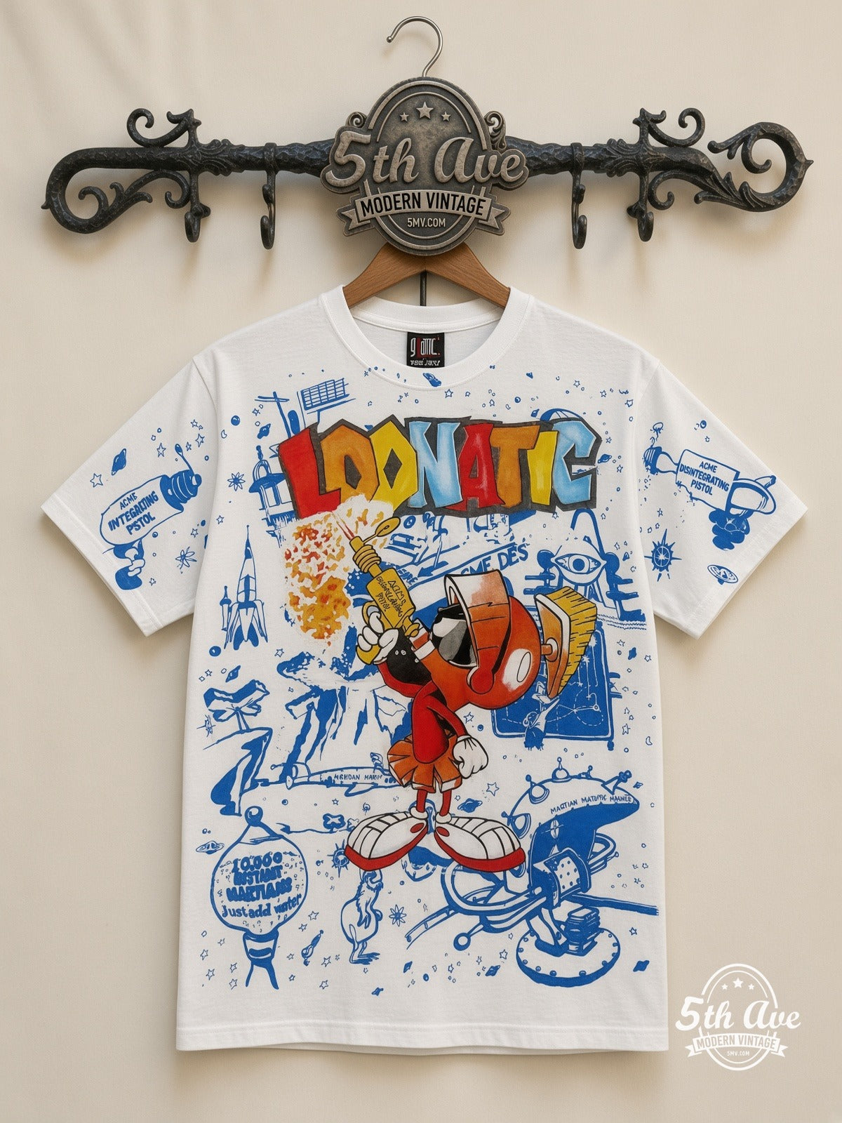 Looney Tunes Wile E Coyote Loonatic all over print vintage cartoon t-shirt front on cream 5th Ave rack