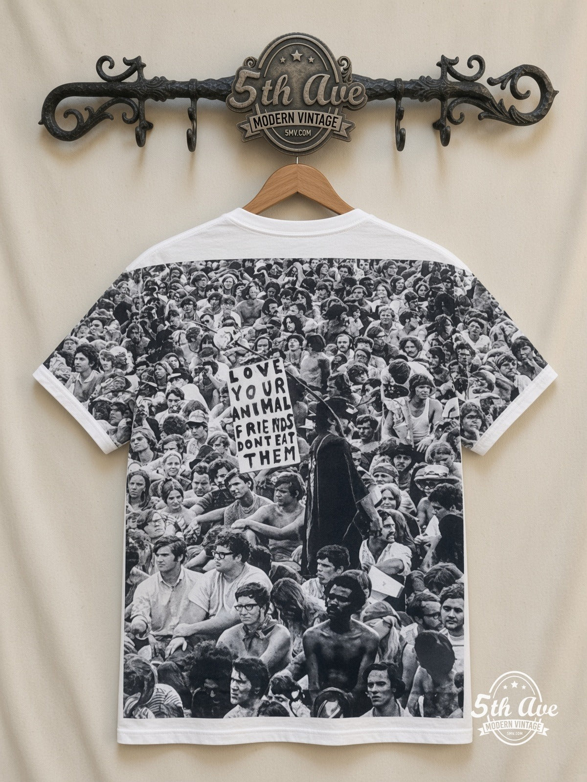 Love Your Animals Dont Eat Them Crowd all over print vintage tee back on cream 5th Ave rack