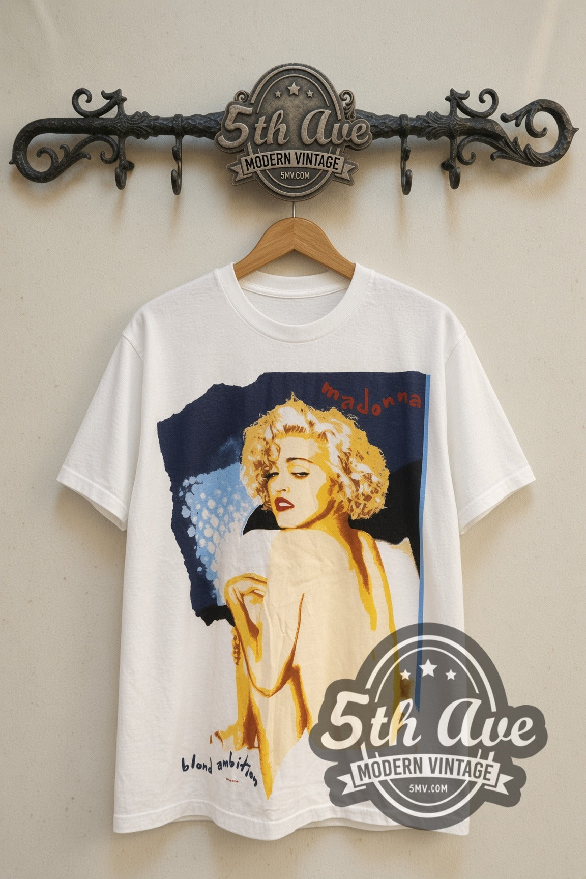 White Madonna Blond Ambition portrait band t-shirt front on cream 5th Ave rack