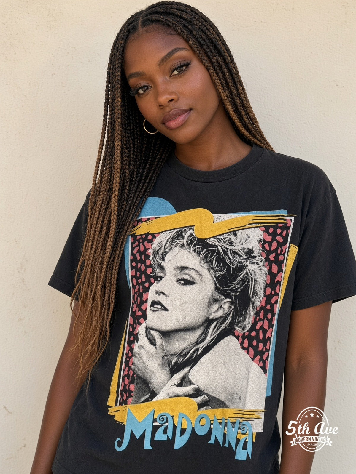 Model wearing Madonna leopard frame portrait vintage band t-shirt