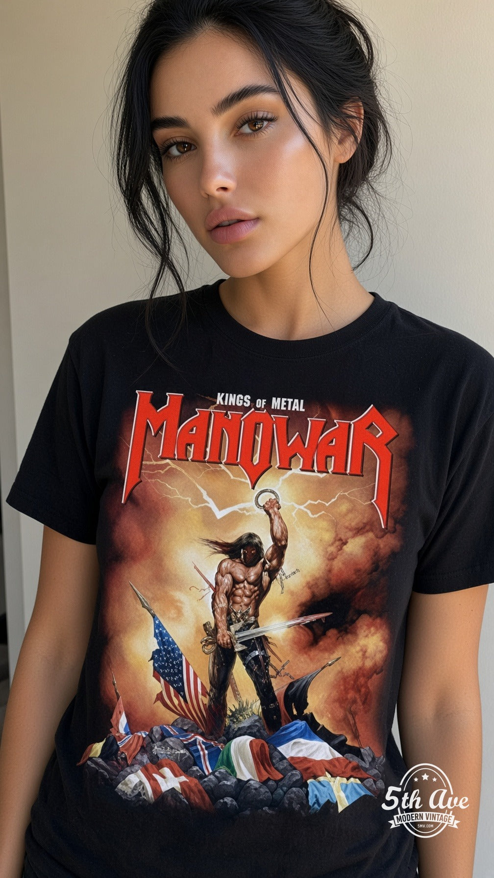 Model wearing Manowar Kings of Metal vintage band tee