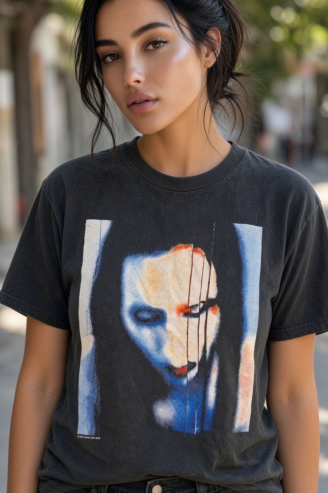 Model wearing Marilyn Manson The Long Hard Road Out of Hell vintage band t-shirt