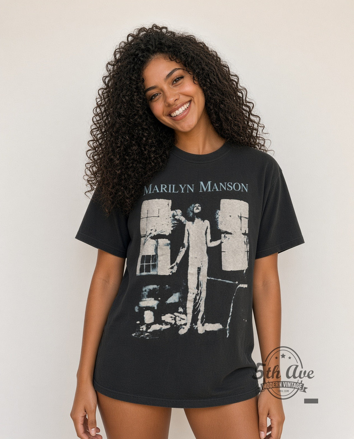 Model wearing Marilyn Manson Photo Front Winged Skeleton Back vintage band t-shirt