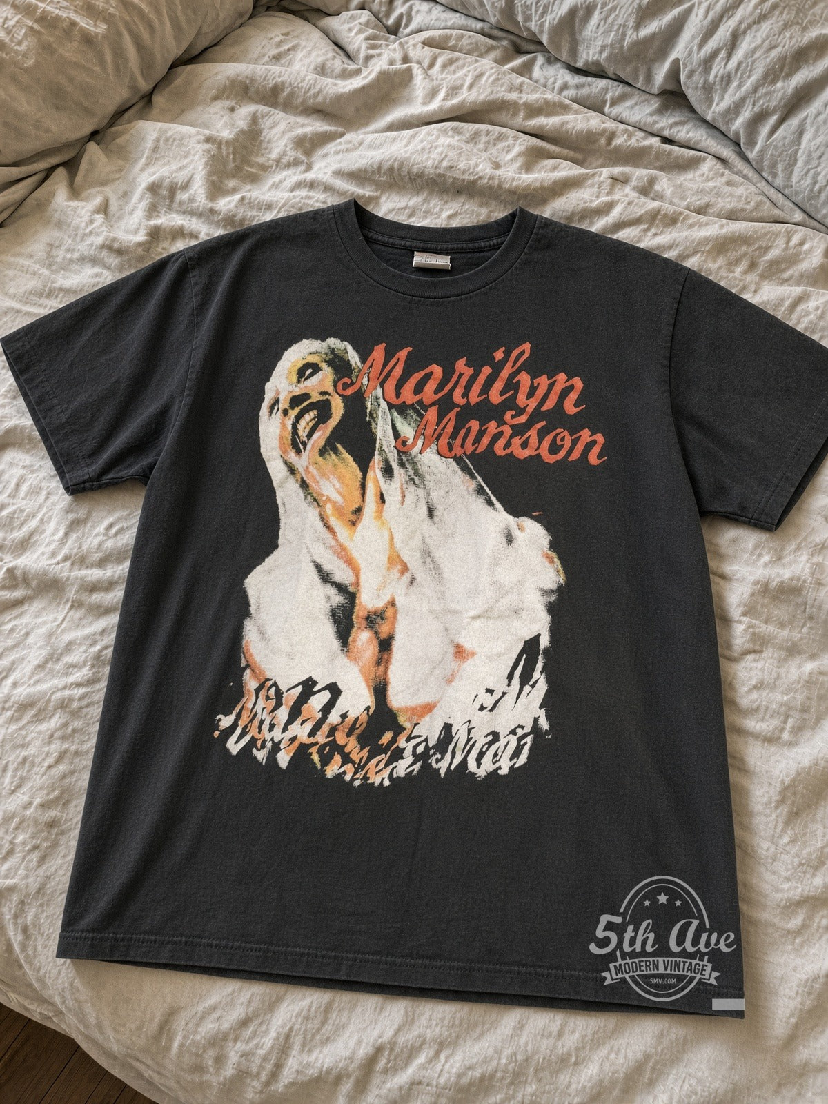 Marilyn Manson Sweet Dreams Screaming Portrait vintage tee laid flat on bed
