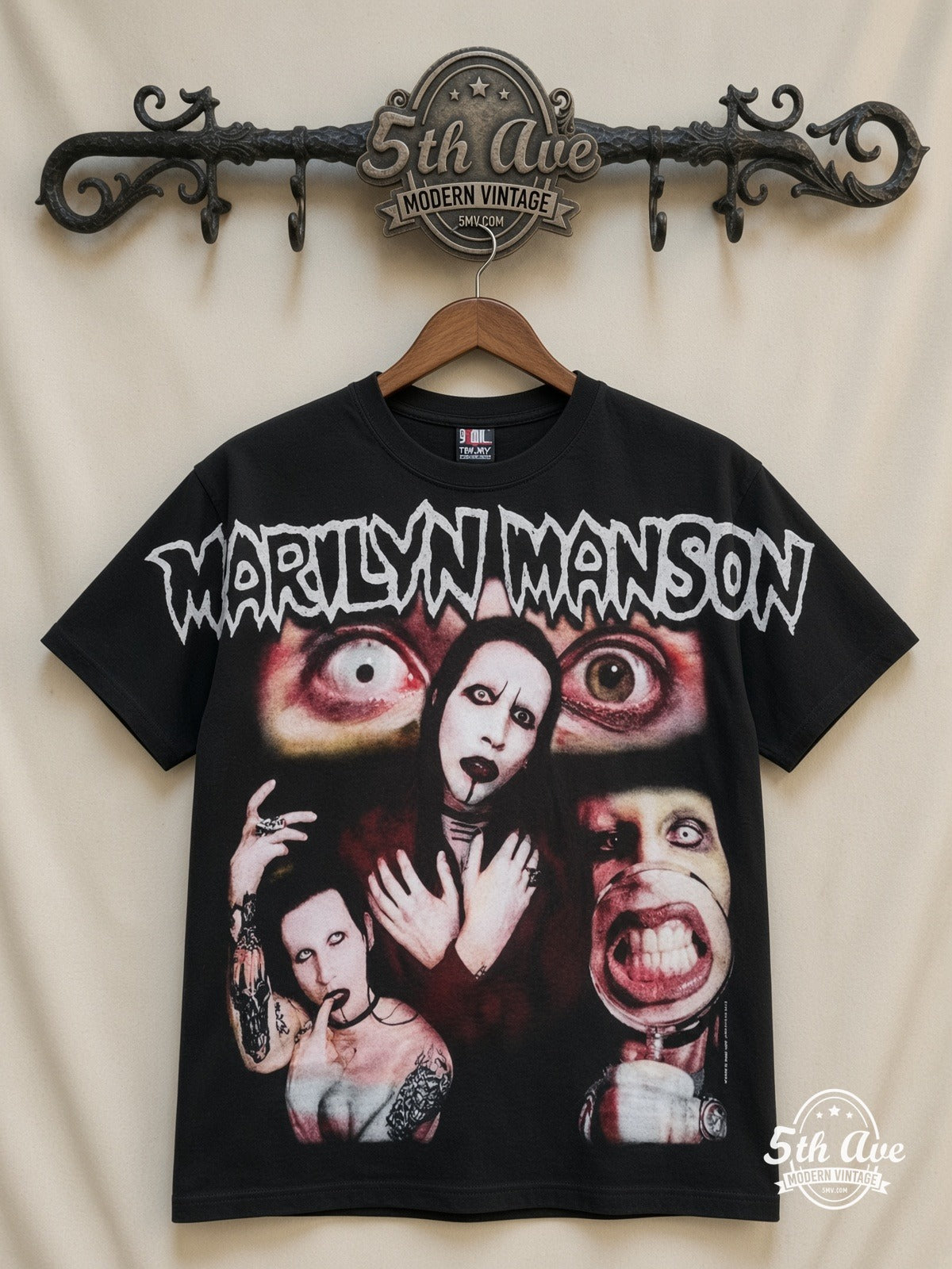 Marilyn Manson Thinker Performer all over print vintage band t-shirt front on cream 5th Ave rack