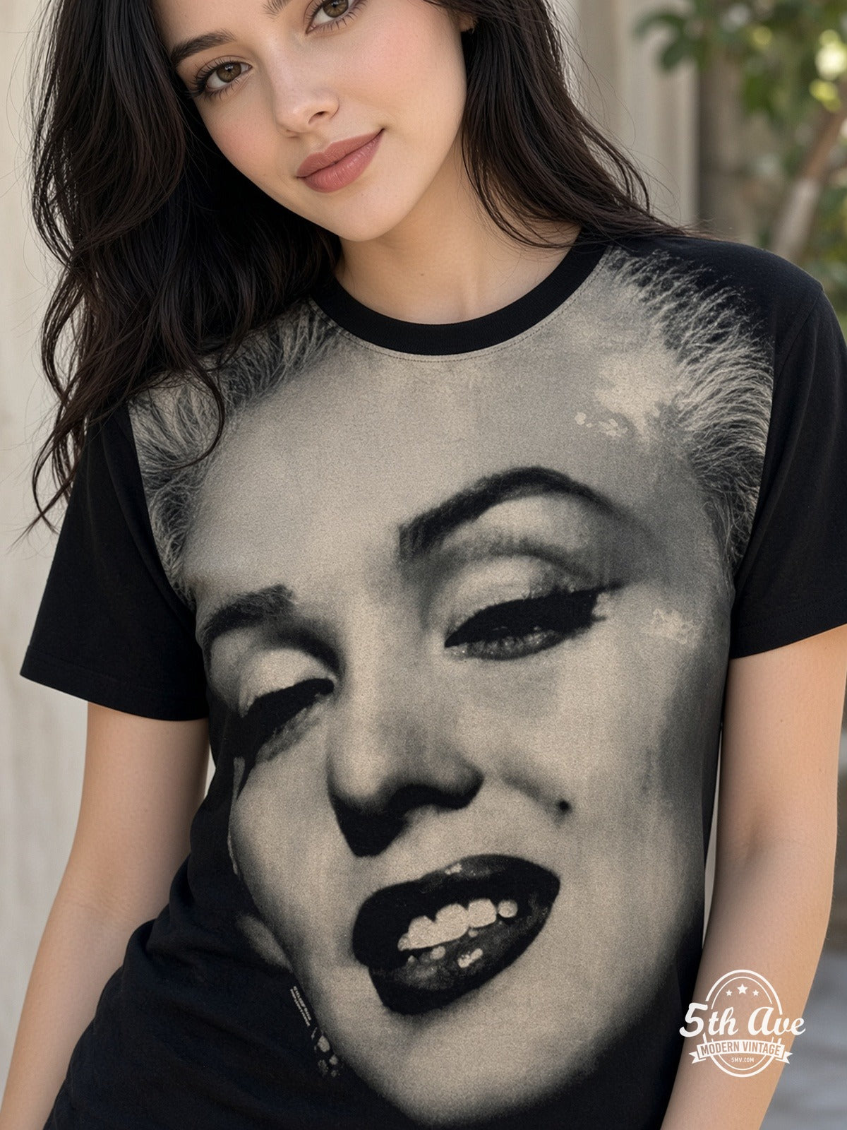 Marilyn Monroe Face Closeup all over print vintage tee model wearing