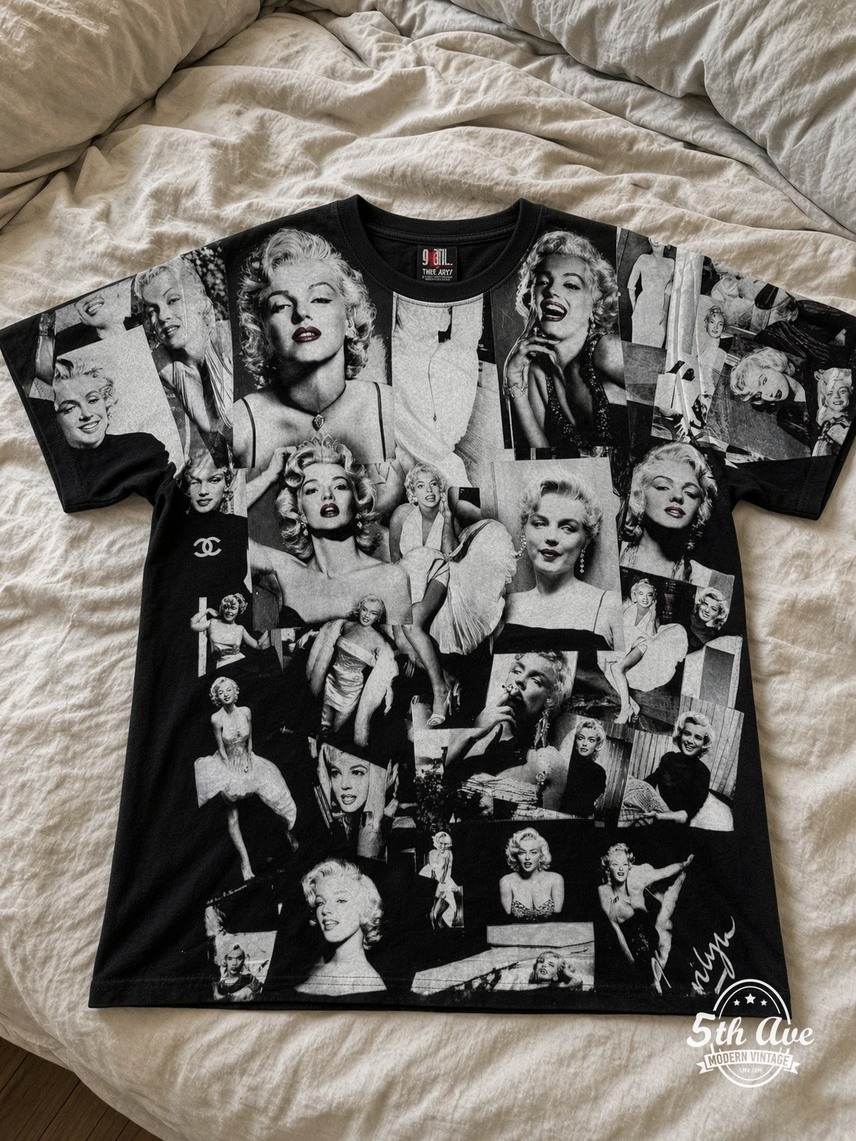 Marilyn Monroe Photo Collage all over print vintage tee laid on bed