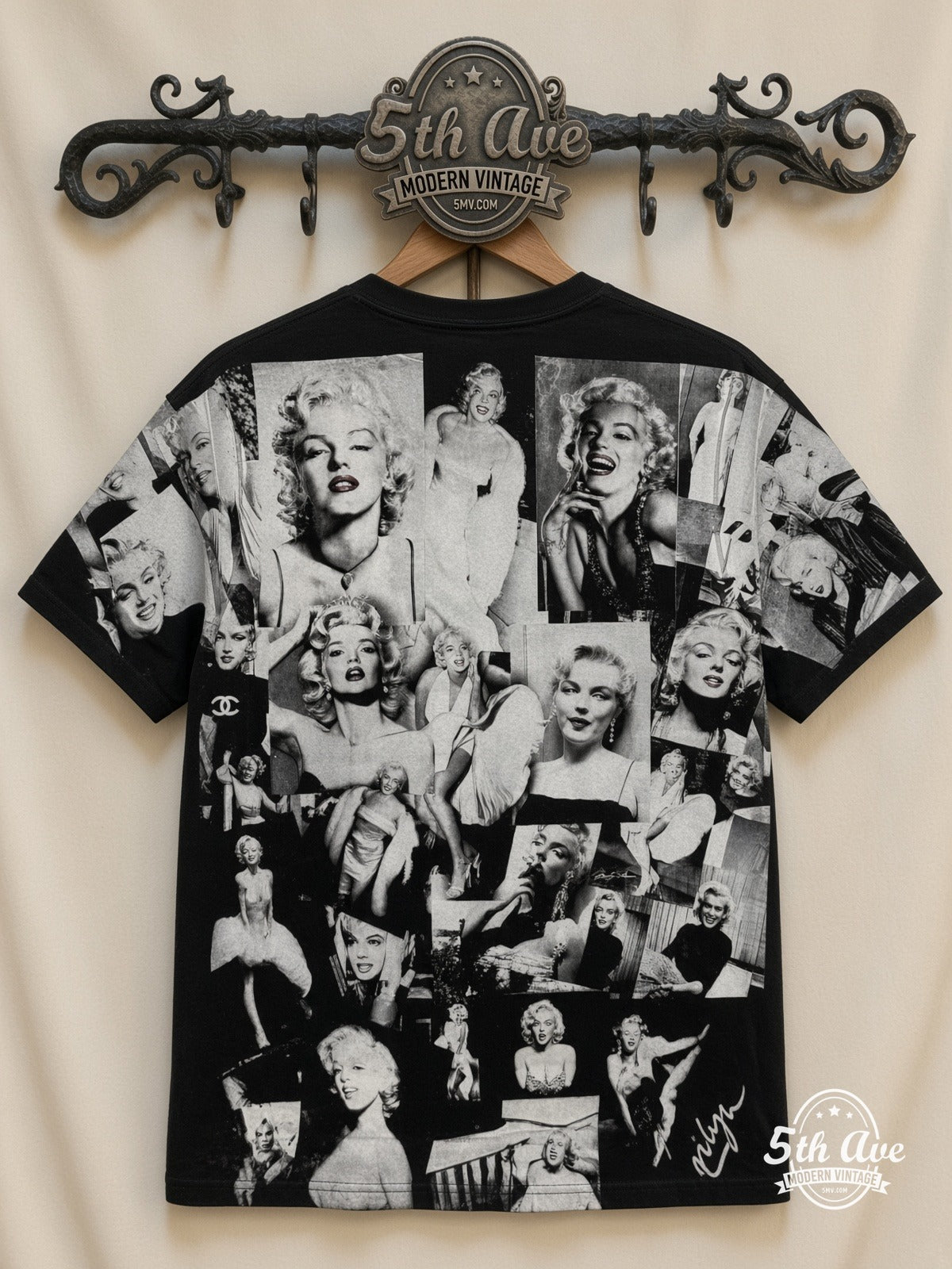 Marilyn Monroe Photo Collage all over print vintage tee back on cream 5th Ave rack
