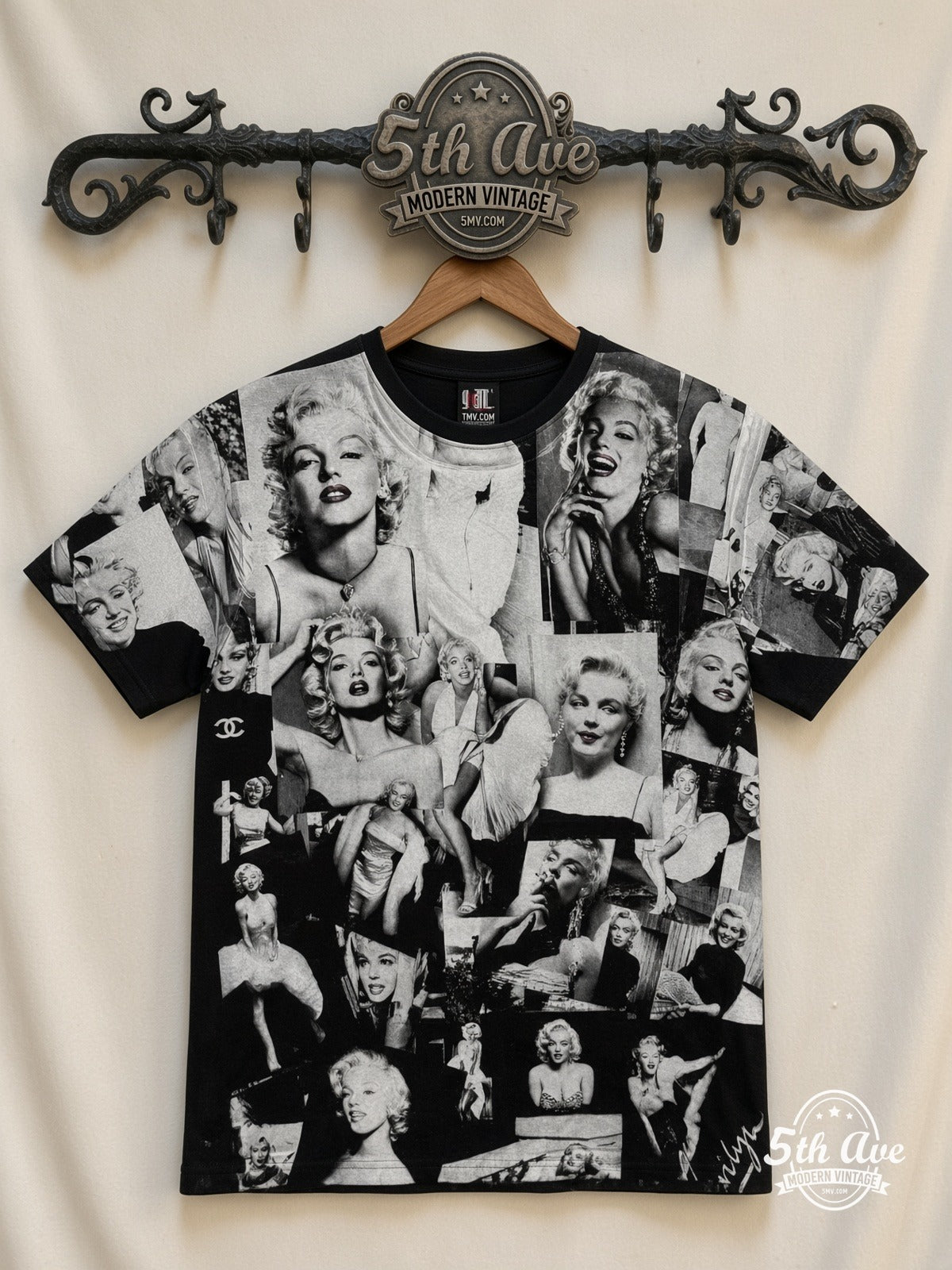 Marilyn Monroe Photo Collage all over print vintage graphic tee front on cream 5th Ave rack