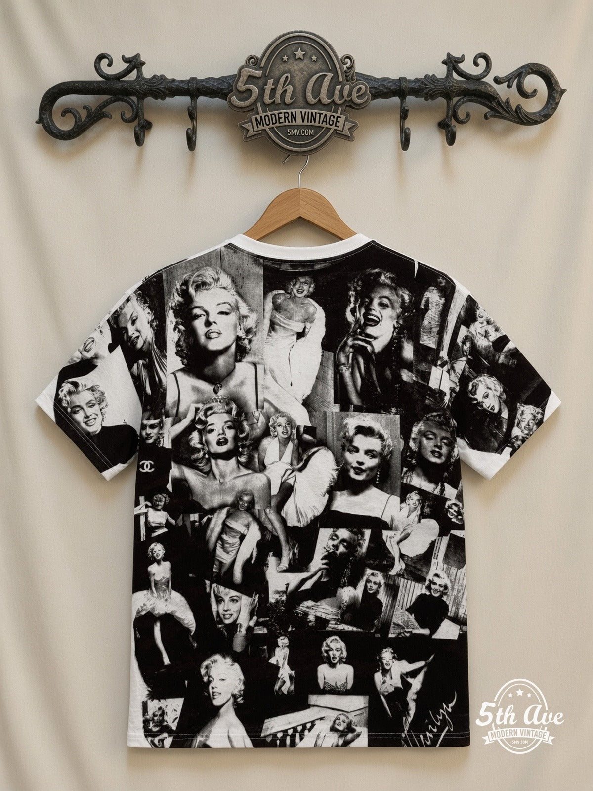 Marilyn Monroe Photo Collage White all over print vintage tee back on cream 5th Ave rack