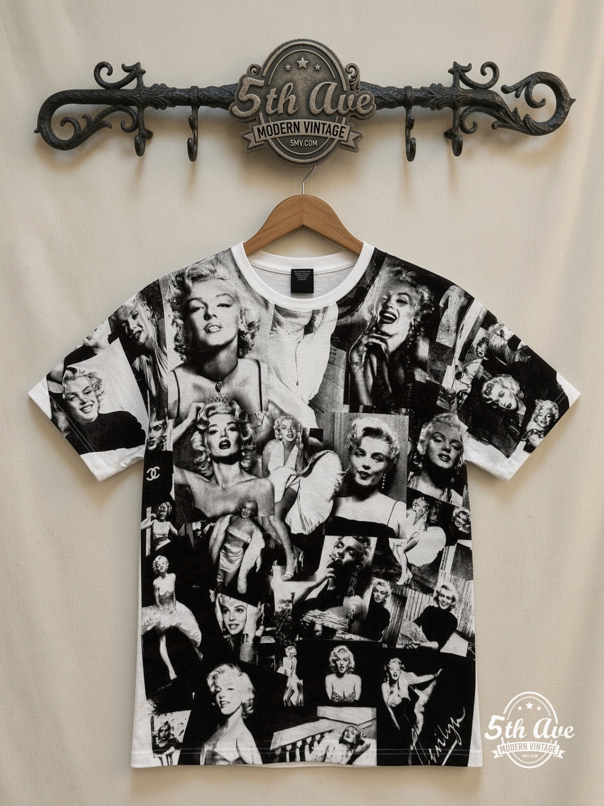 Marilyn Monroe Photo Collage White all over print vintage graphic tee front on cream 5th Ave rack