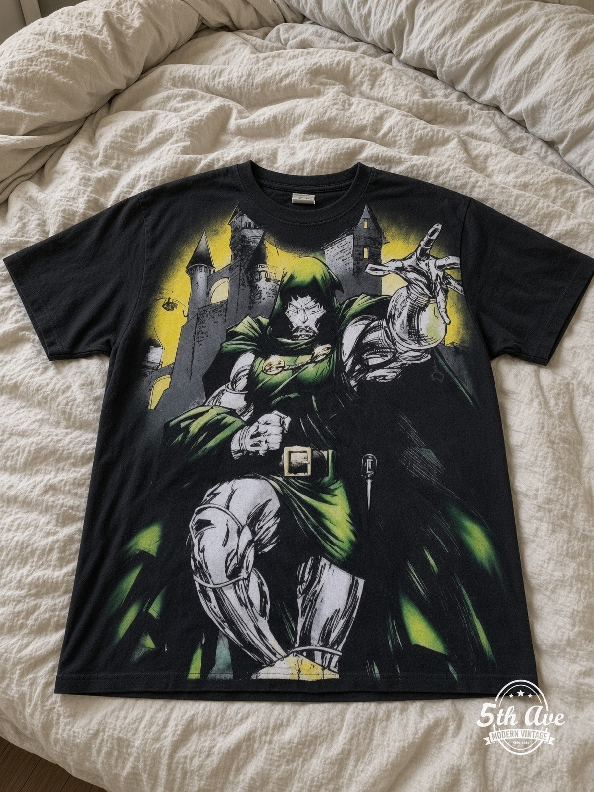 Marvel Dr Doom Castle Energy vintage tee laid on bed