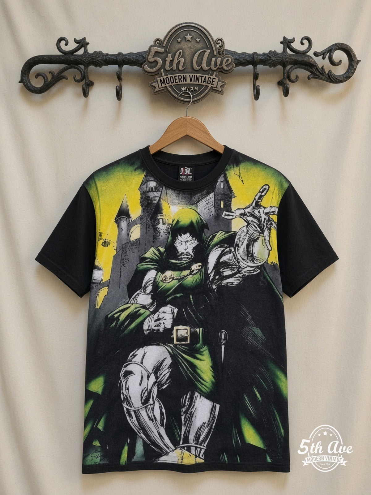 Marvel Dr Doom Castle Energy all over print vintage cartoon t-shirt front on cream 5th Ave rack