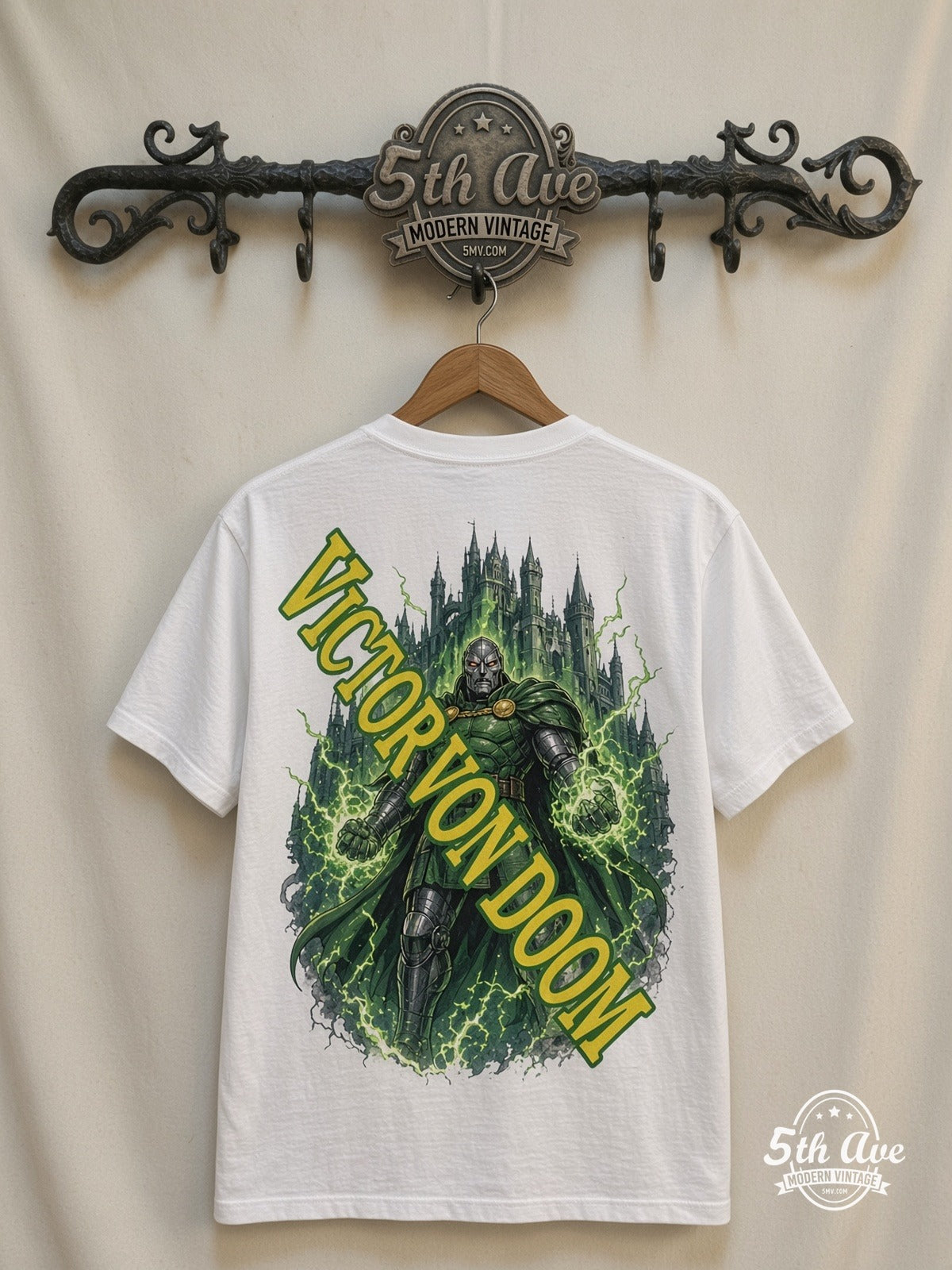 Marvel Dr Doom Castle Energy all over print vintage tee back on cream 5th Ave rack