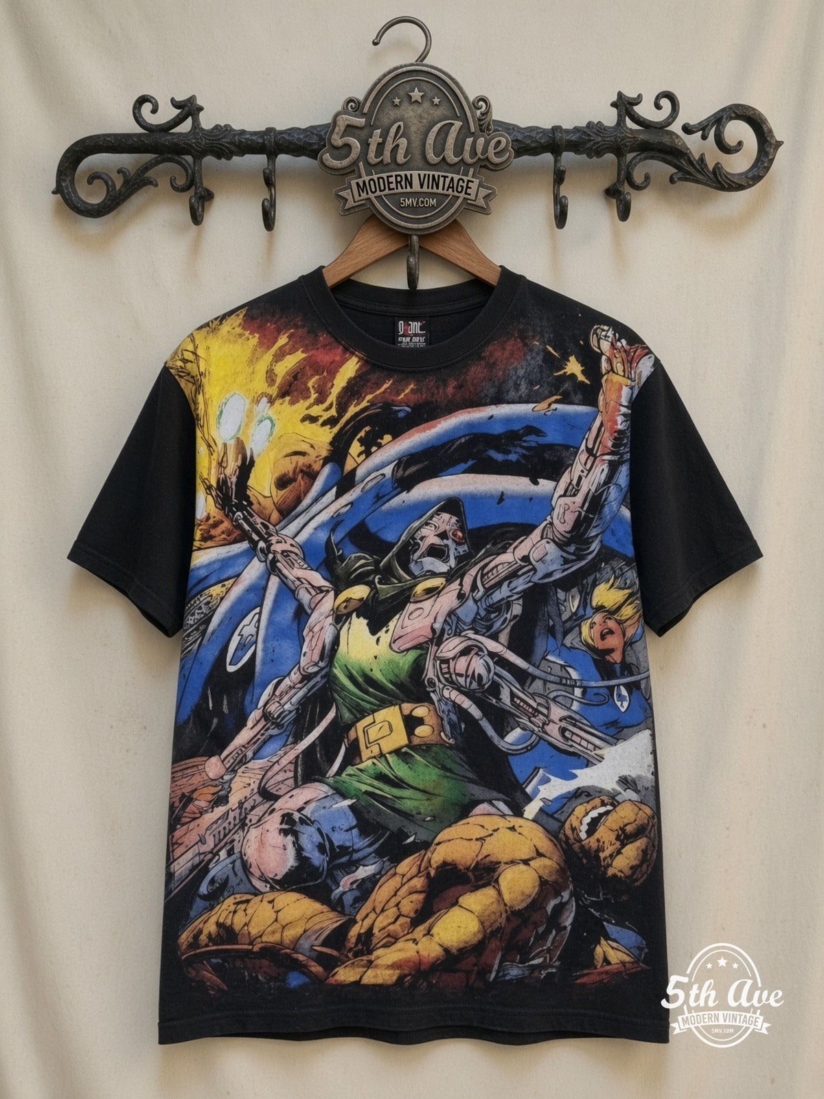 Marvel Dr Doom Cosmic Battle all over print vintage cartoon t-shirt front on cream 5th Ave rack
