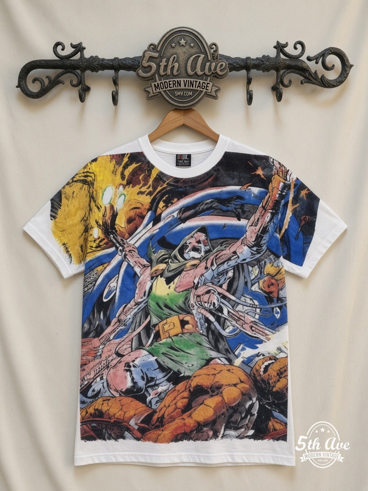 Marvel Dr Doom Cosmic Battle all over print vintage cartoon t-shirt front on cream 5th Ave rack