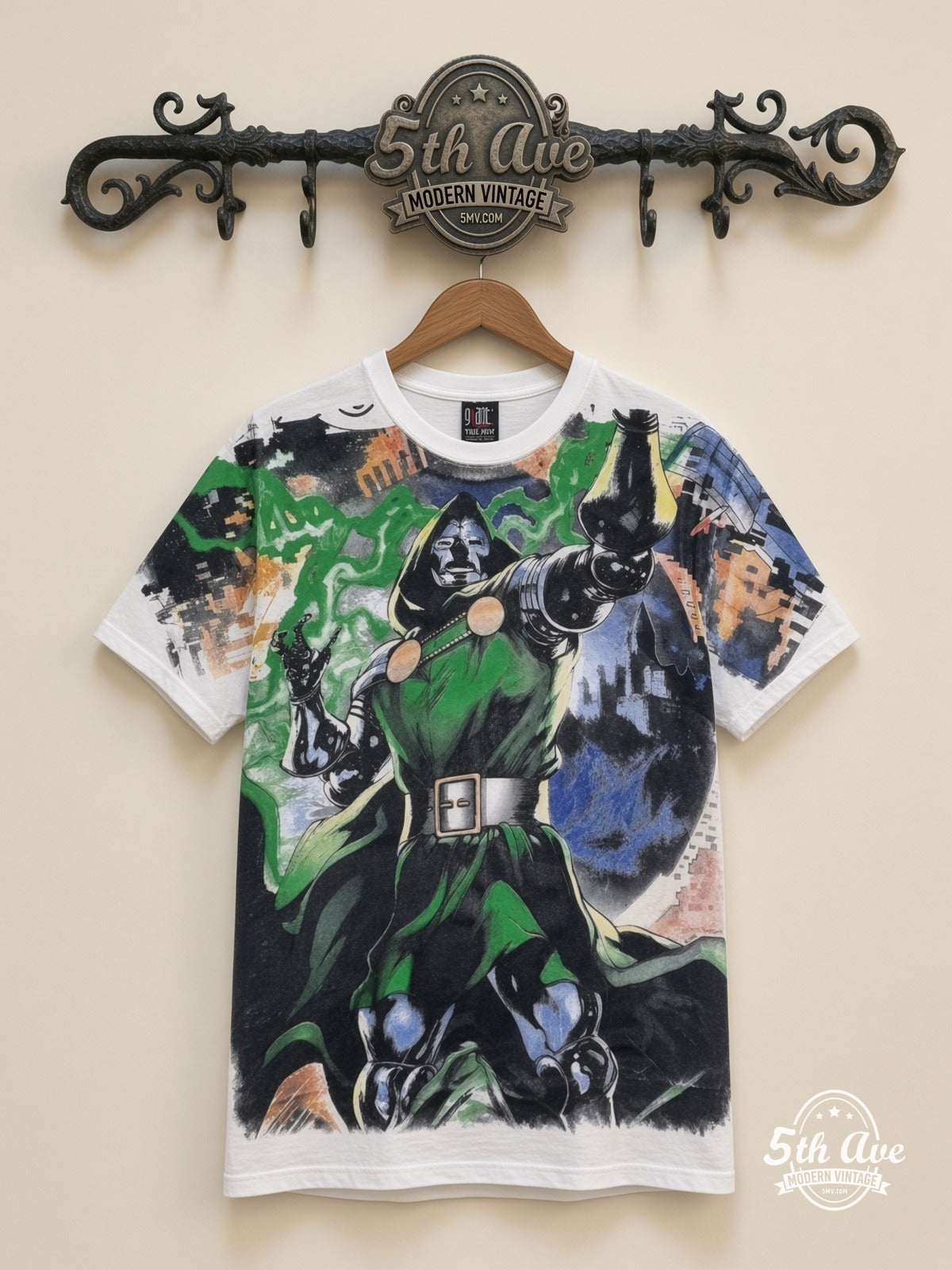 Marvel Dr Doom Standing Portrait all over print vintage cartoon t-shirt front on cream 5th Ave rack