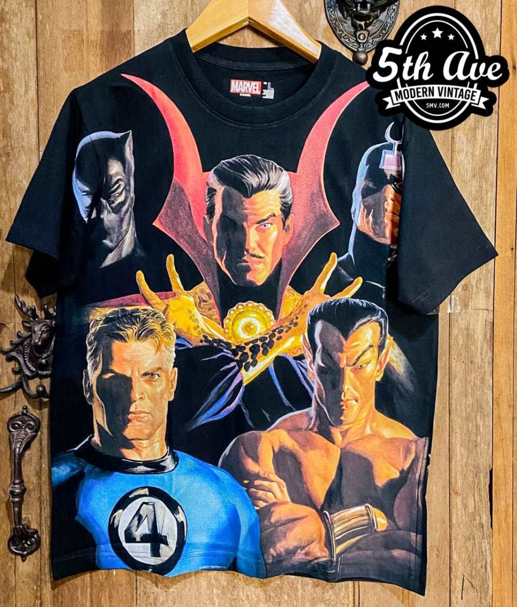 Marvel X-Men Illuminati All Over Print Single Stitch Black Crew Neck t shirt: - Vintage Band Shirts