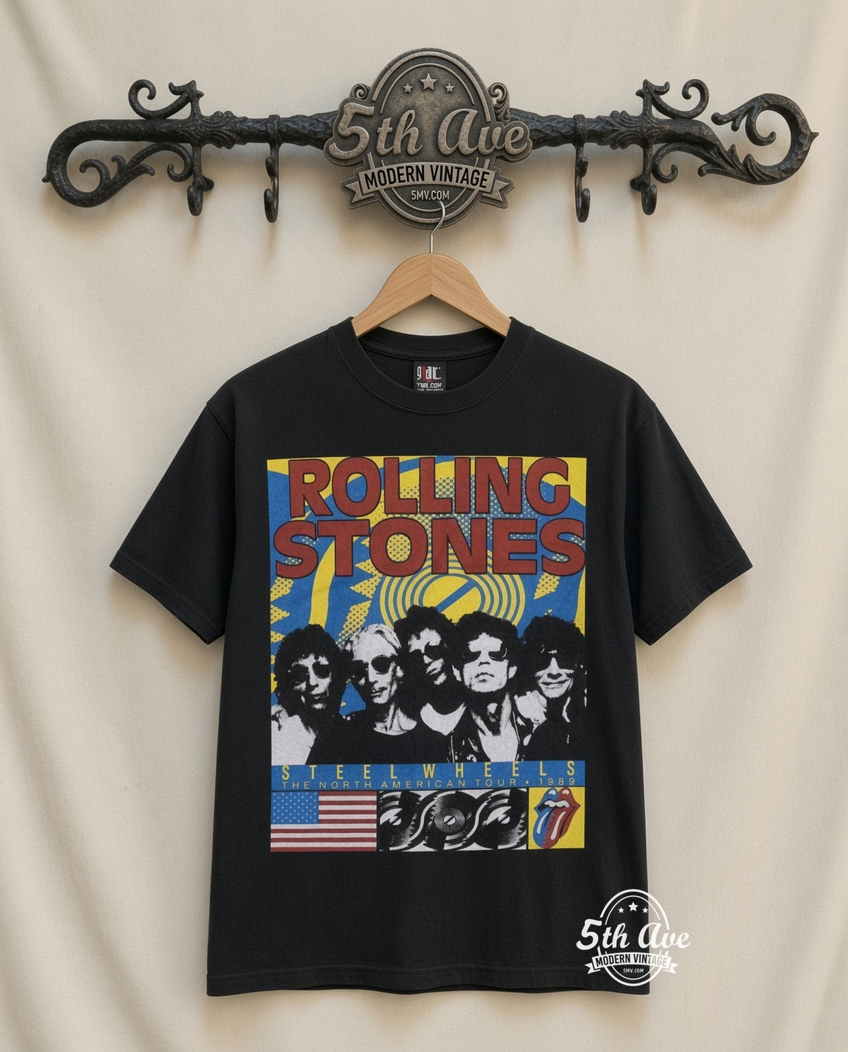 Rolling Stones Steel Wheels Band vintage band t-shirt in black, front view on a display rack