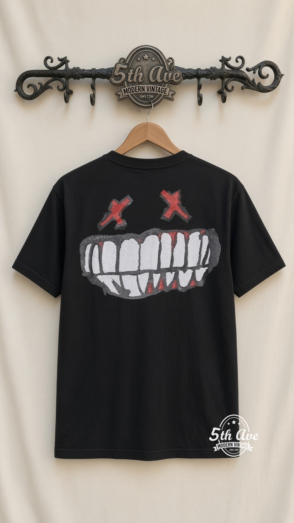 Green Day Smiley vintage band t-shirt in black, back view on a display rack