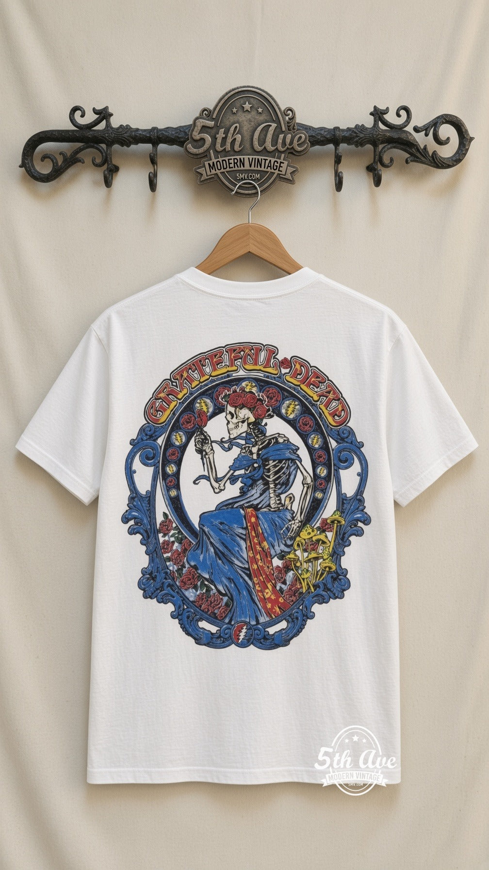 Grateful Dead 15th Anniversary Warfield White vintage tee back on cream 5th Ave rack