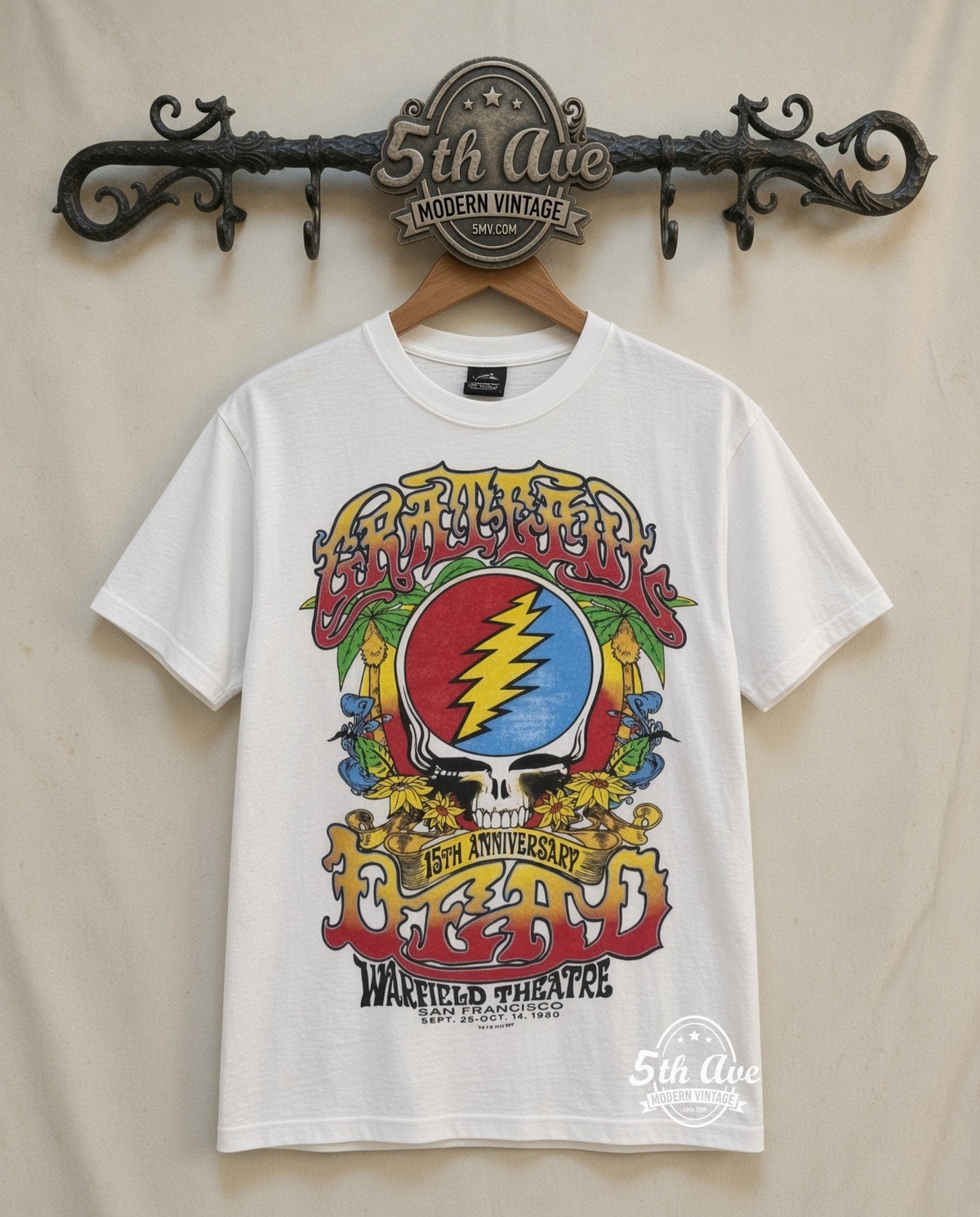 Grateful Dead 15th Anniversary Warfield White vintage band t-shirt front on cream 5th Ave rack