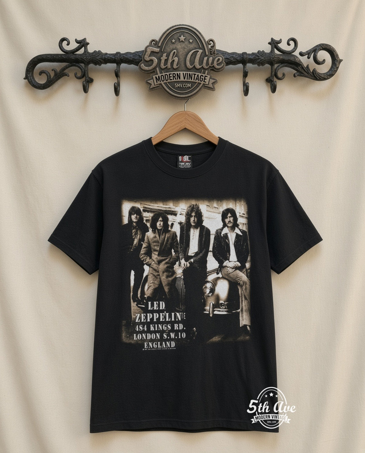 Led Zeppelin 484 Kings Rd London Black vintage band t-shirt front on cream 5th Ave rack