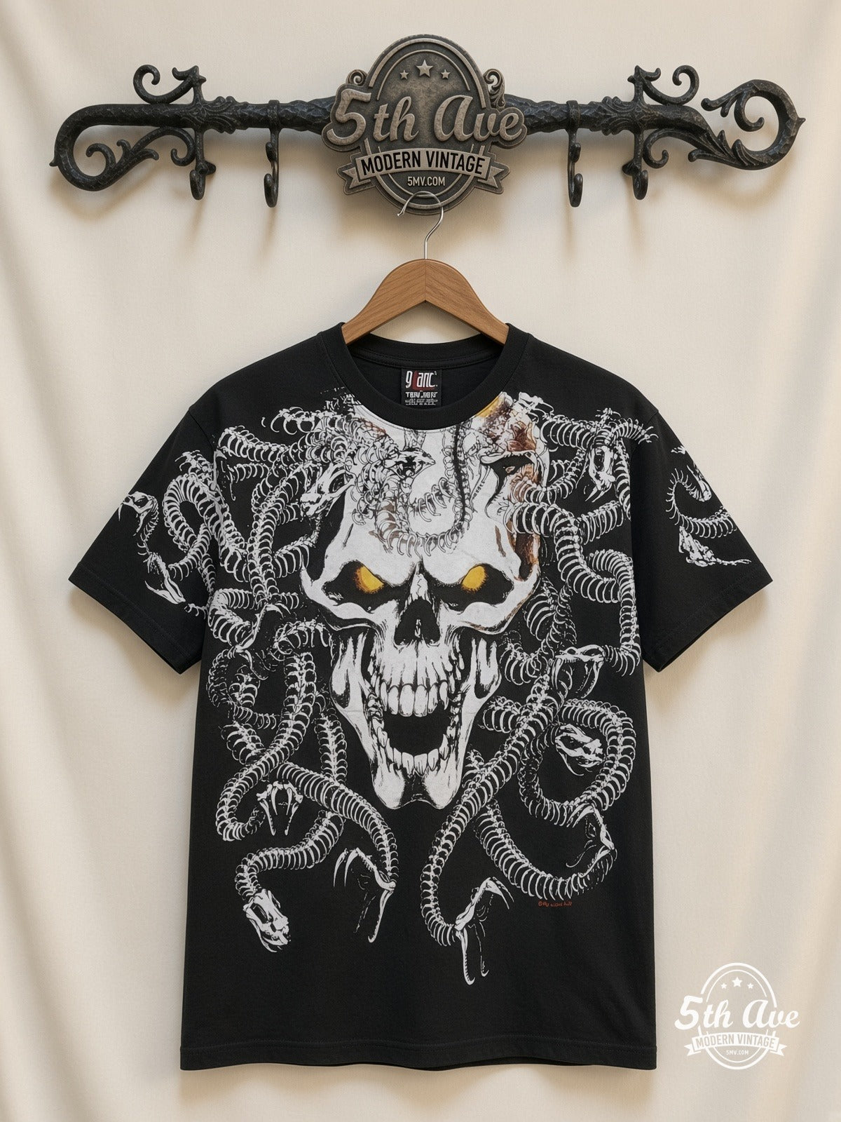 Medusa Snake Skull all over print vintage band t-shirt front on cream 5th Ave rack