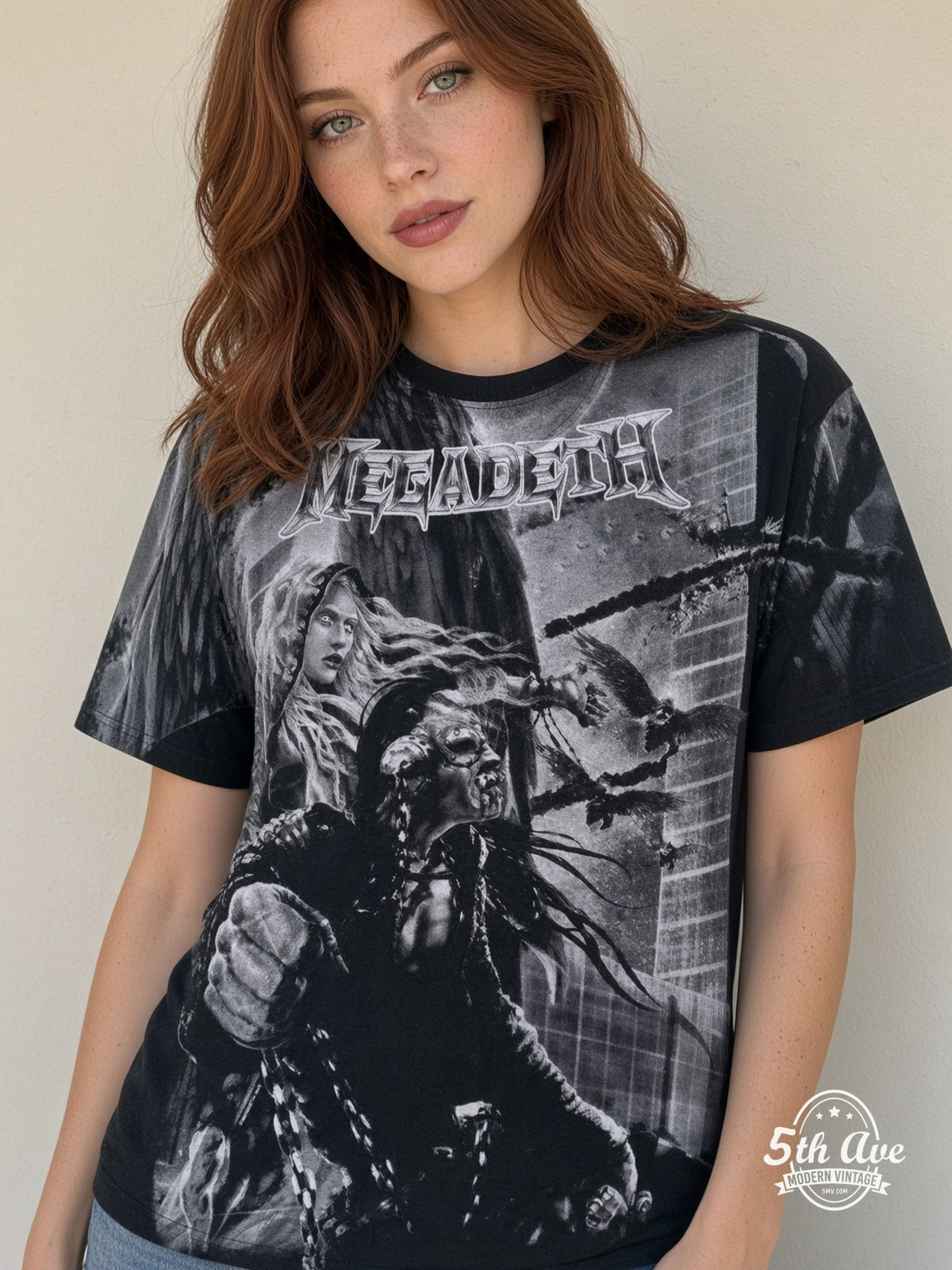 Megadeth Apocalyptic City AOP all over print vintage tee model wearing