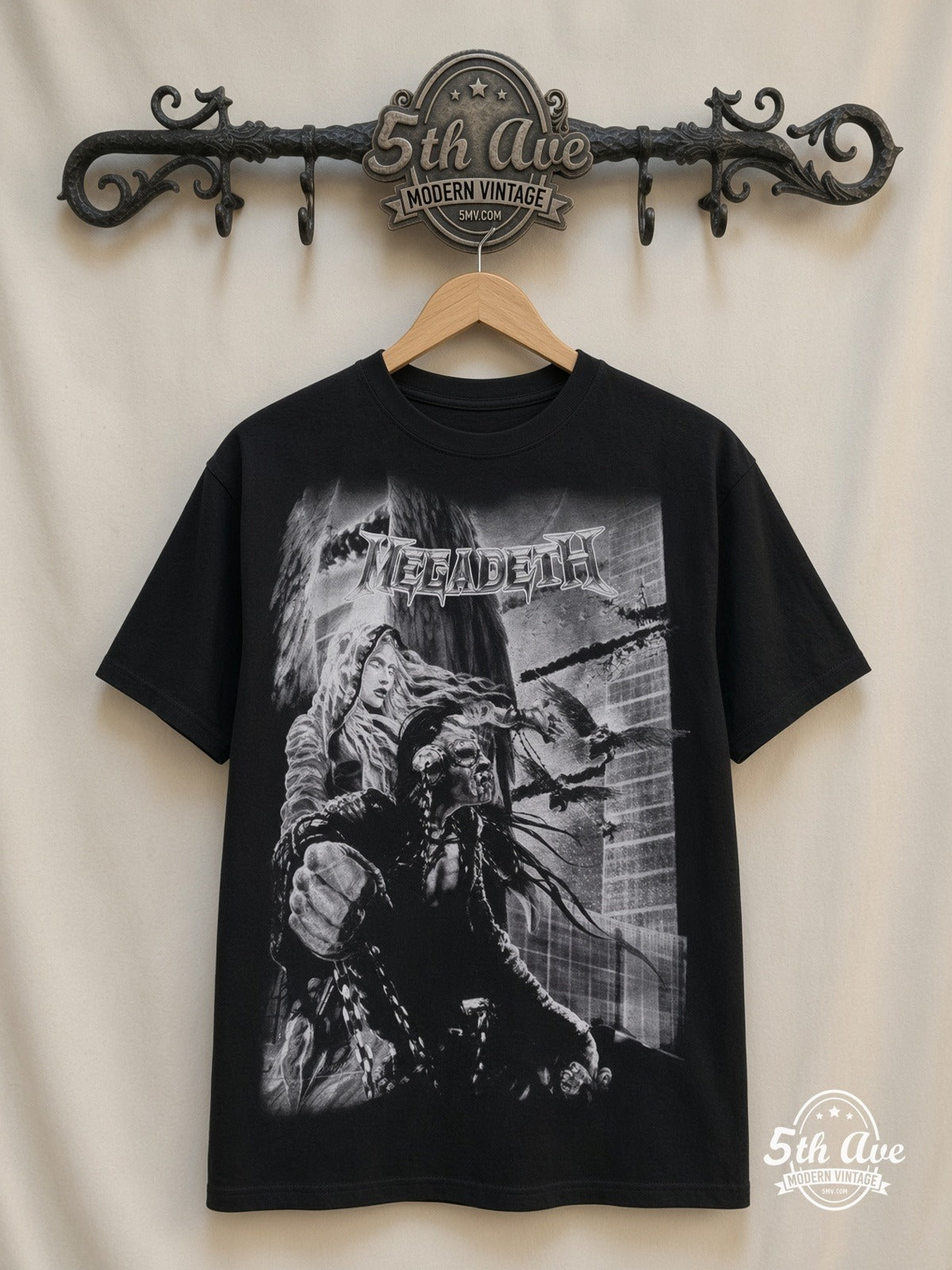 Megadeth Apocalyptic City AOP all over print vintage tee back on cream 5th Ave rack