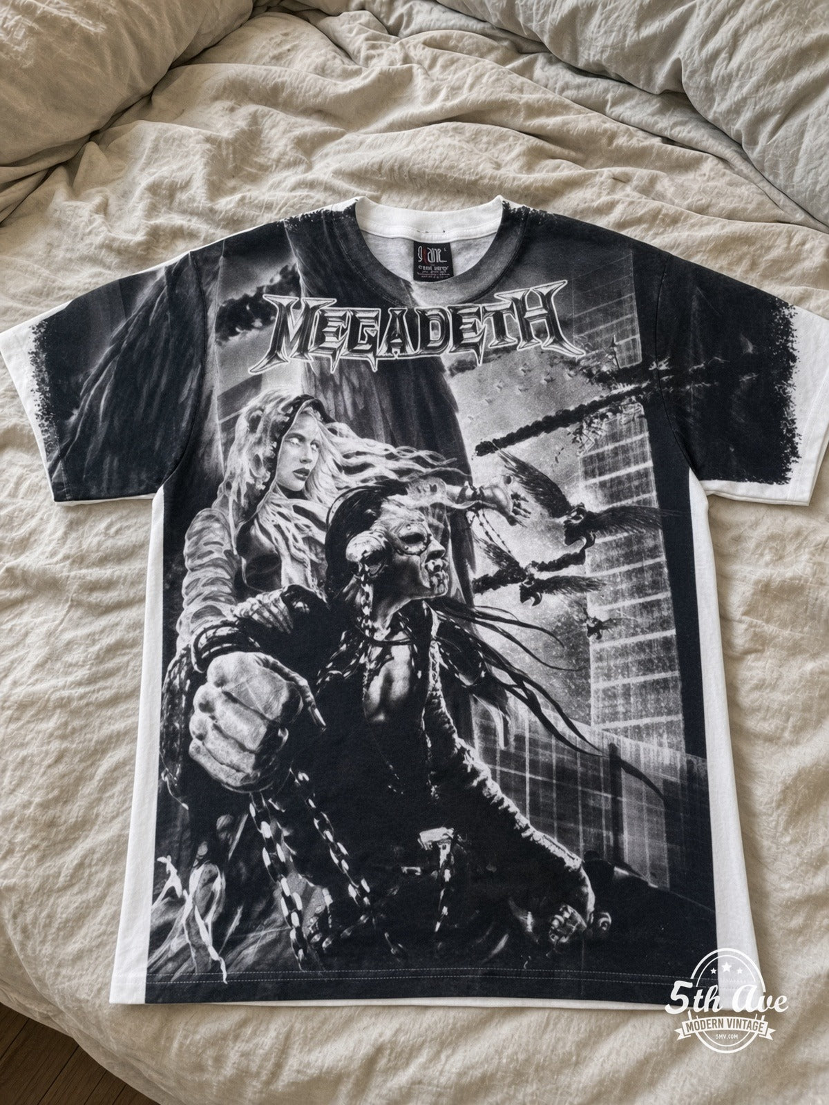 Megadeth Apocalyptic City AOP White all over print vintage tee laid on bed