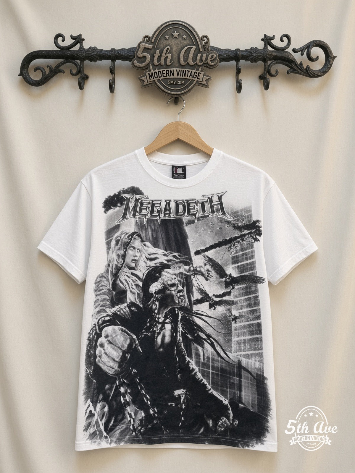 Megadeth Apocalyptic City AOP White all over print vintage band t-shirt front on cream 5th Ave rack