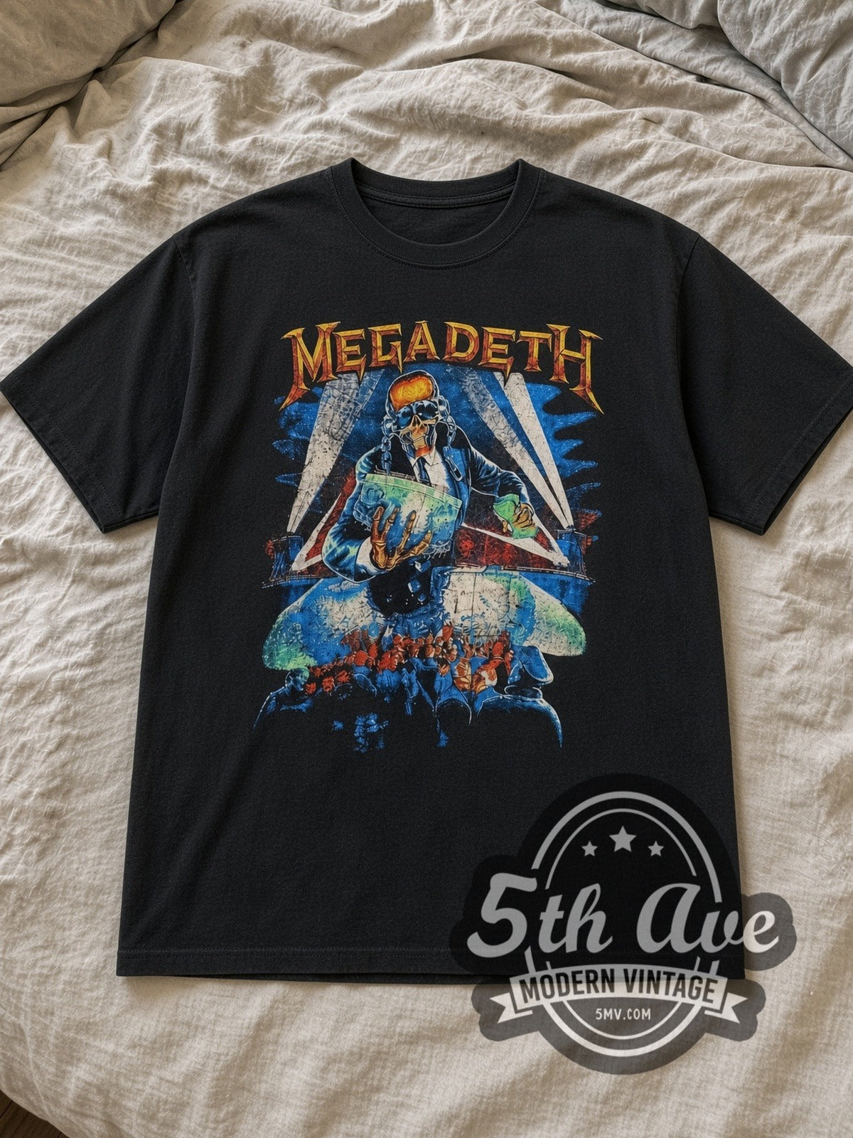 Black Megadeth Rust in Peace Vic Searchlights Tracklist Vintage Band T-Shirt laid flat on a linen bed