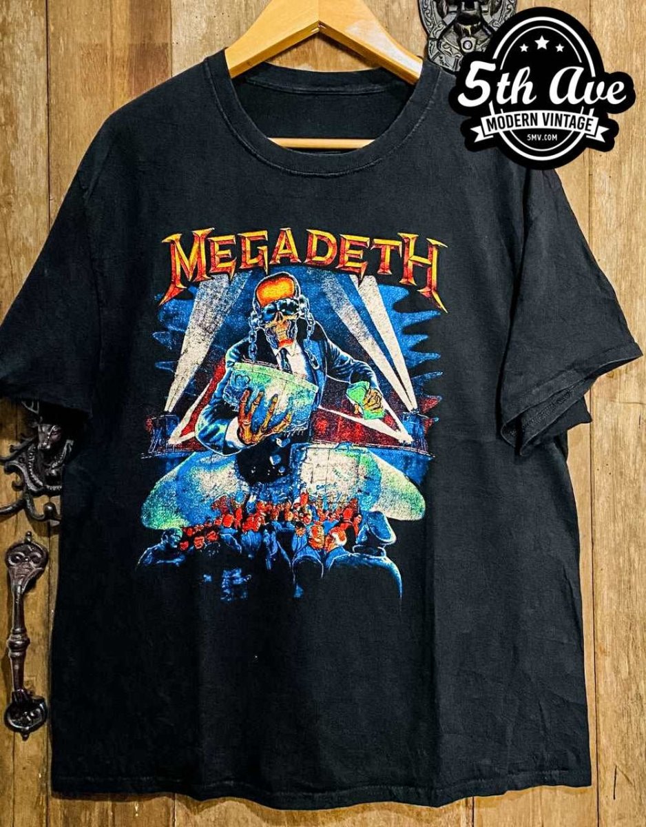 Megadeth 'Rust in Peace' Skeleton Robot Bomb Artwork Distressed T-Shirt - Vintage Band Shirts