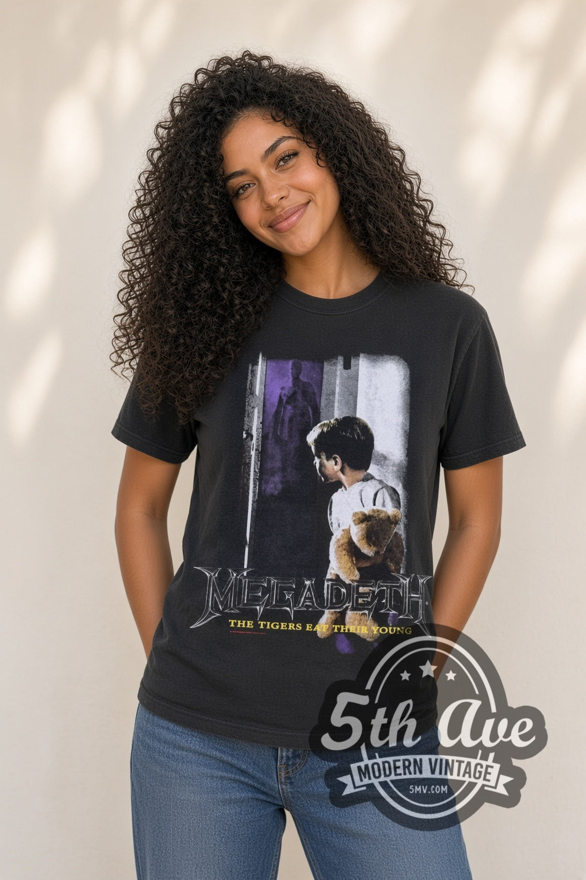 Model wearing the Megadeth Train of Consequences Globe band t-shirt in black