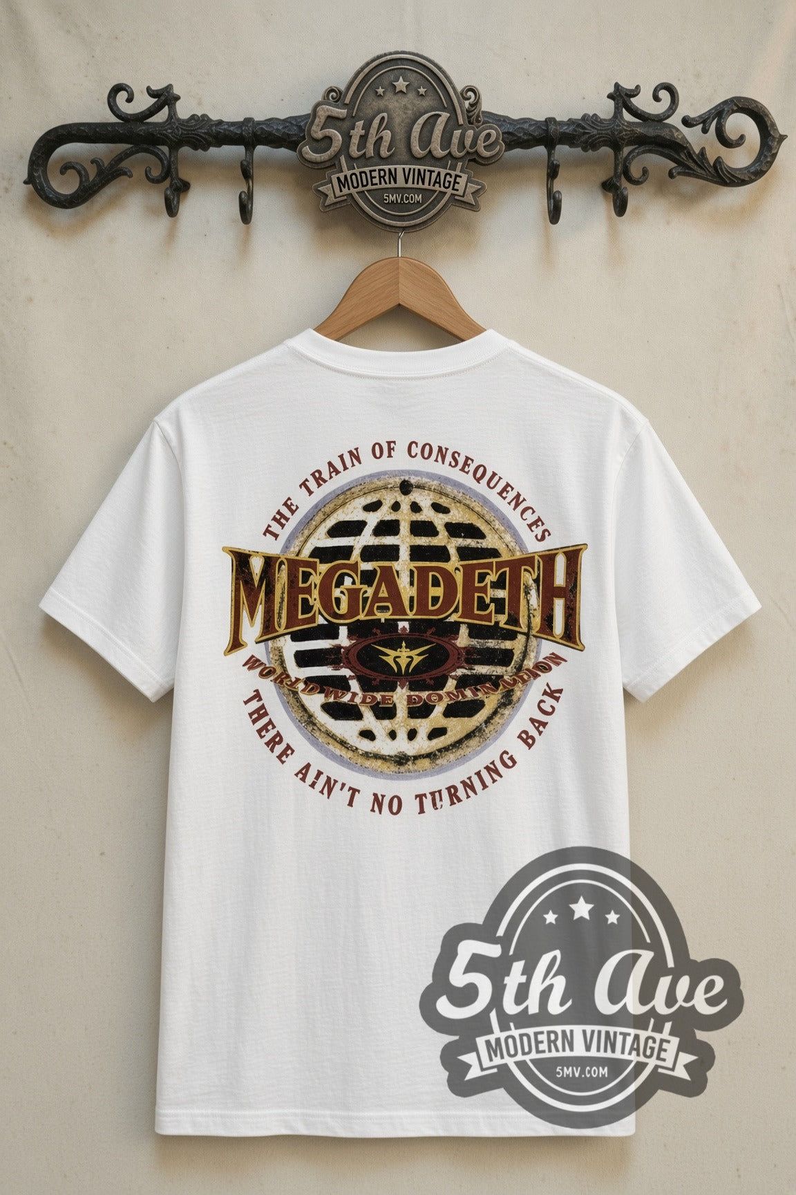 Megadeth Train of Consequences Globe band t-shirt in white, back view on a display rack