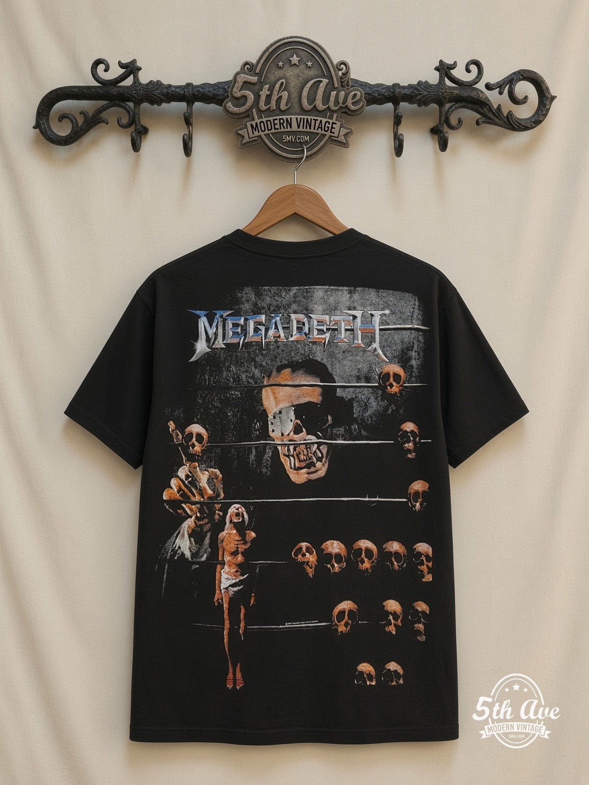 Megadeth Vic Prison Bars Skulls all over print vintage tee back on cream 5th Ave rack