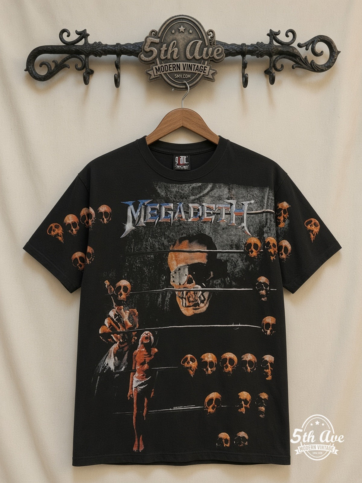 Megadeth Vic Prison Bars Skulls all over print vintage band t-shirt front on cream 5th Ave rack