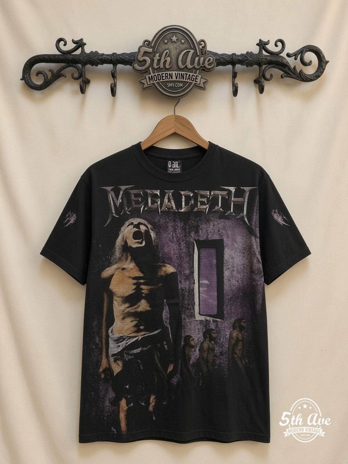 Megadeth Youthanasia all over print vintage band t-shirt front on cream 5th Ave rack