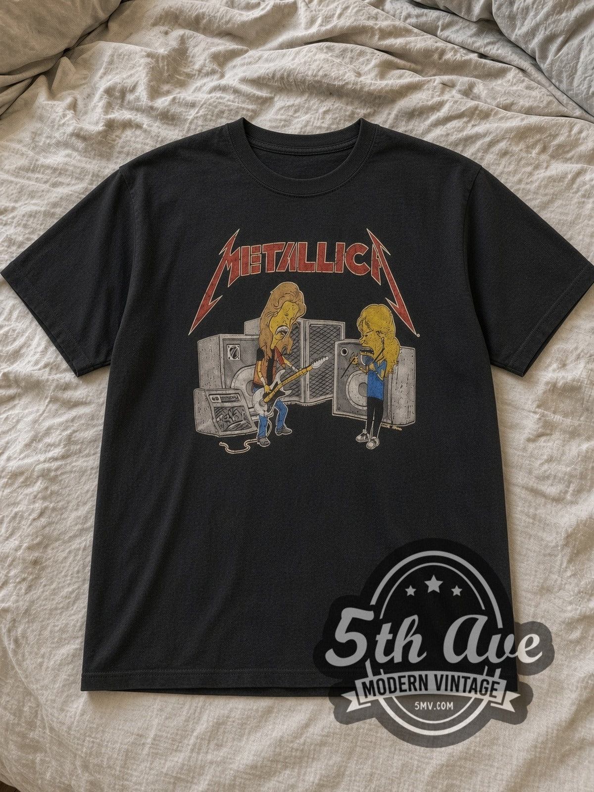 Black Metallica Beavis and Butt Head Vintage Band T-Shirt laid flat on a linen bed