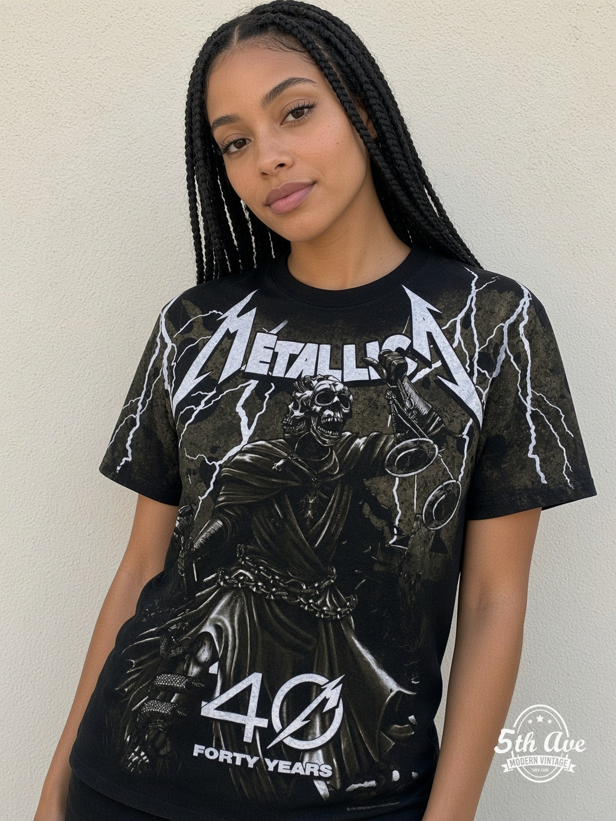 Metallica 40 Years Lady Justice all over print vintage tee model wearing