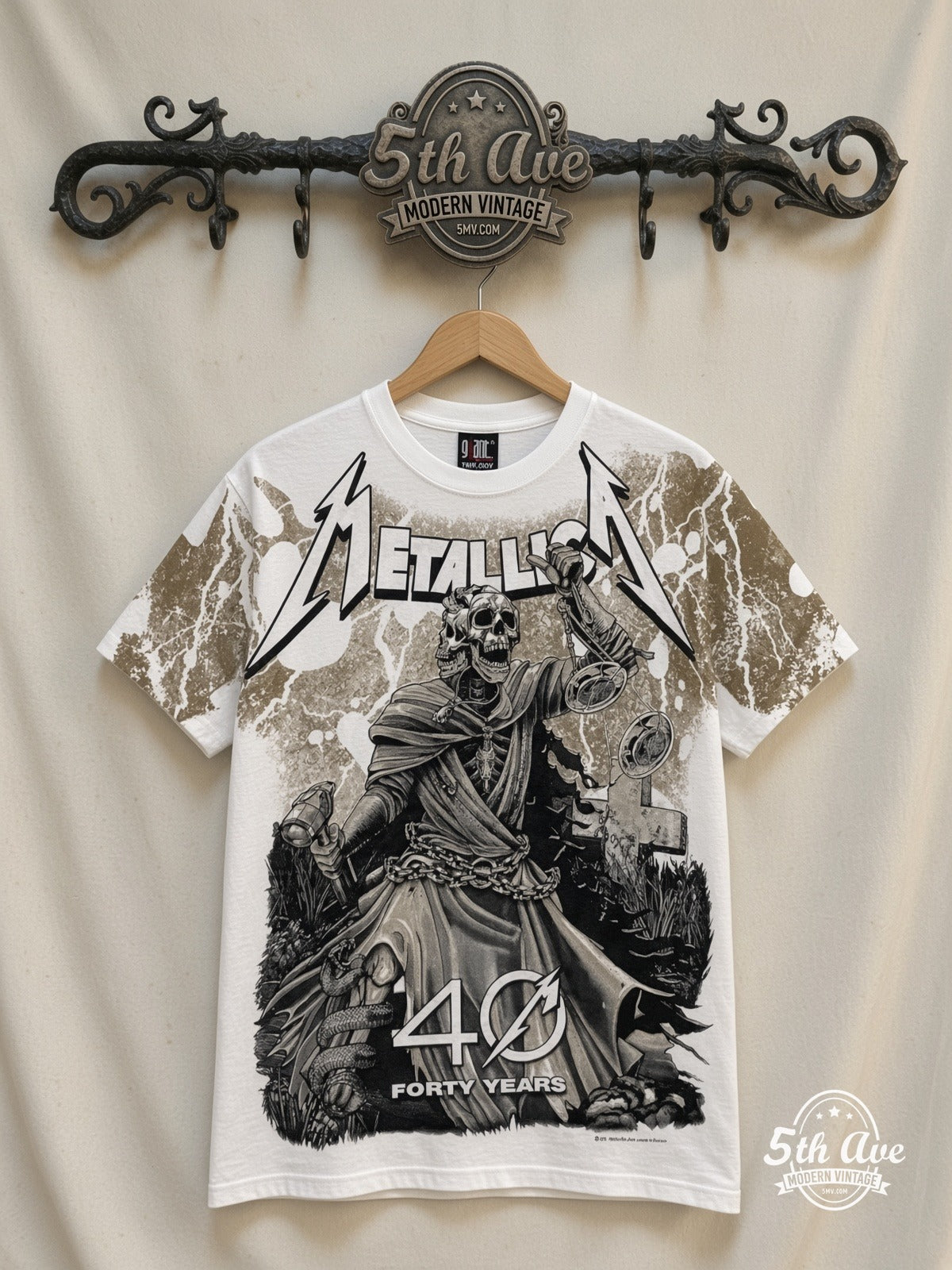 Metallica 40 Years Lady Justice White all over print vintage band t-shirt front on cream 5th Ave rack