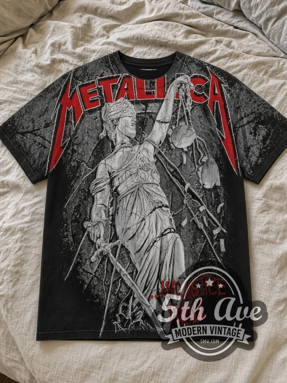 Black Metallica ...And Justice for All Lady Justice All Over Print Vintage Band T-Shirt laid flat on a linen bed