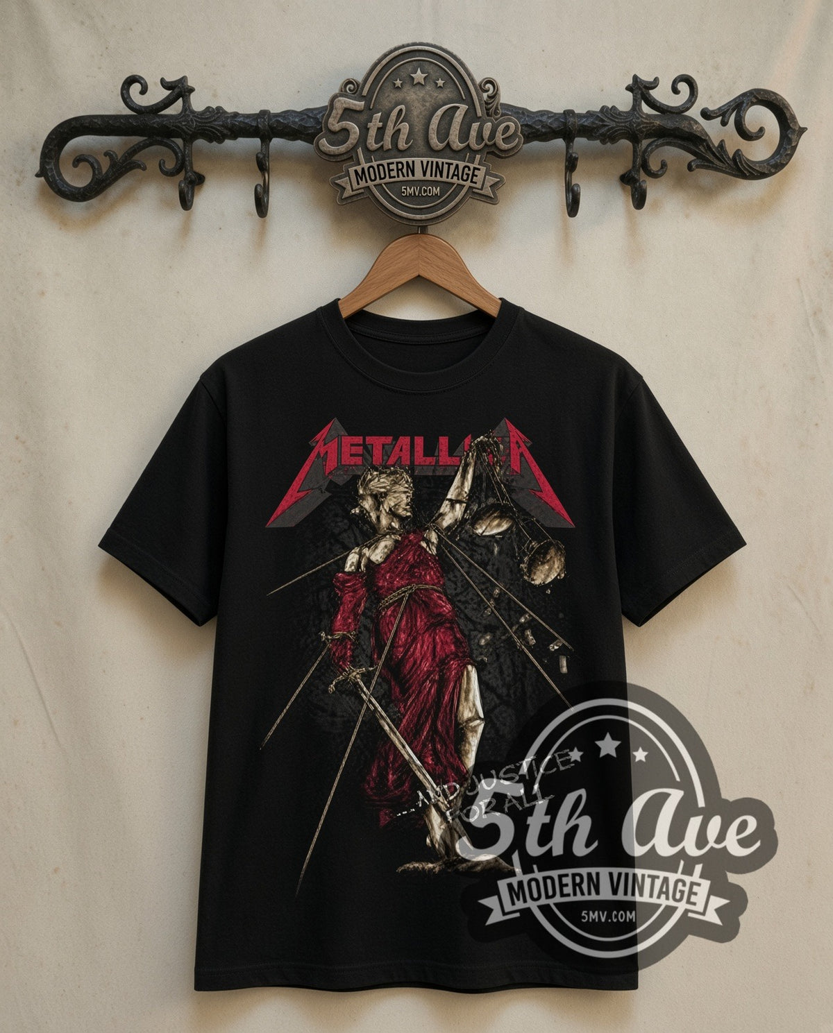 Metallica And Justice for All Lady Justice double stitched black tee front on dark iron 5th Ave rack