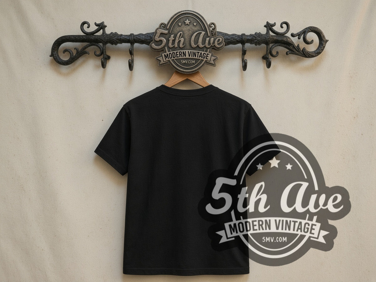 Plain black back of Metallica And Justice for All Lady Justice double stitched tee on rack