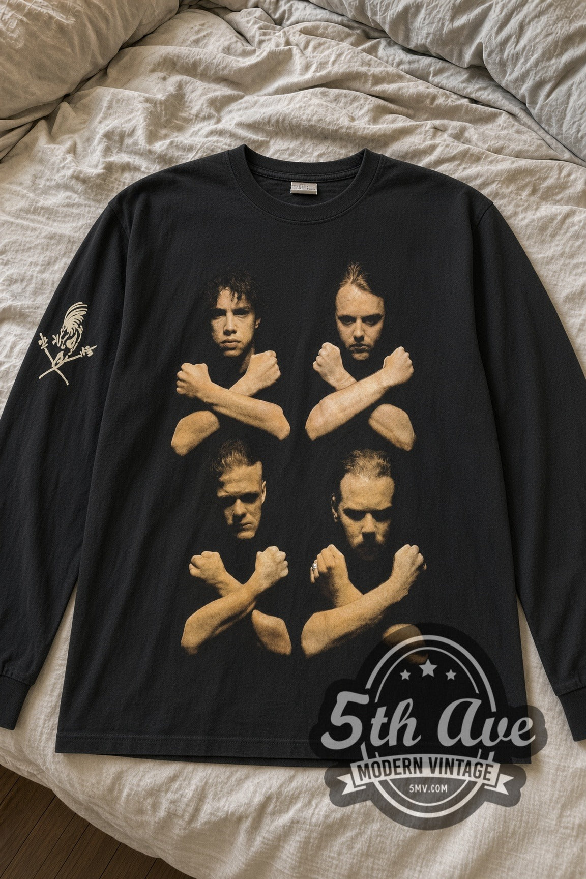 Metallica Birth School Four Members Crossed Arms Long Sleeve vintage band t-shirt laid flat on bed
