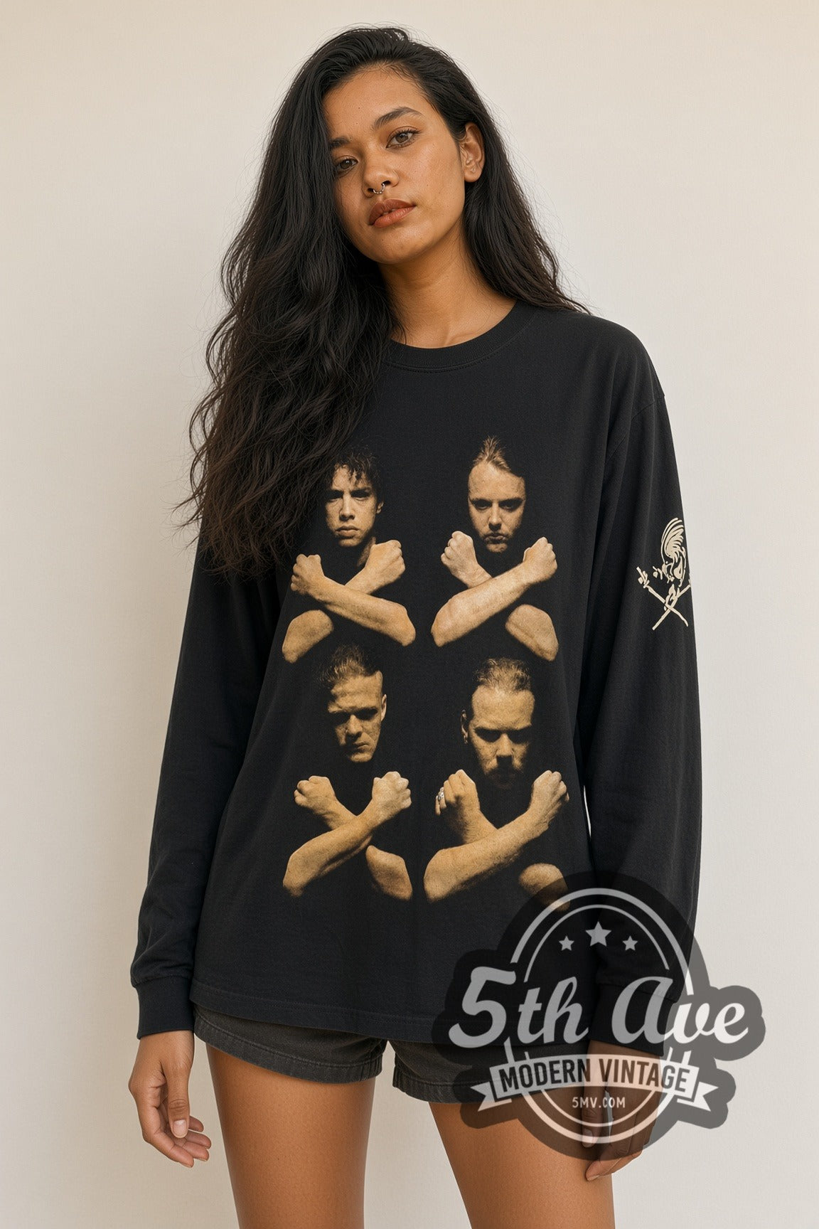 Model wearing Metallica Birth School Four Members Crossed Arms Long Sleeve vintage band t-shirt