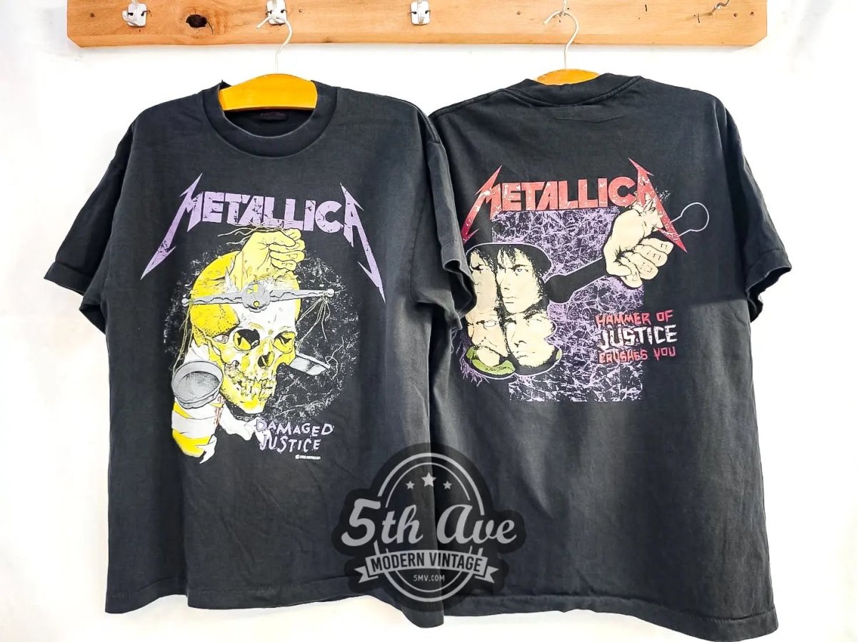 Metallica Damaged Justice Hammer of Justice Crushes You - Vintage Reprint Band T-Shirt - Vintage Band Shirts