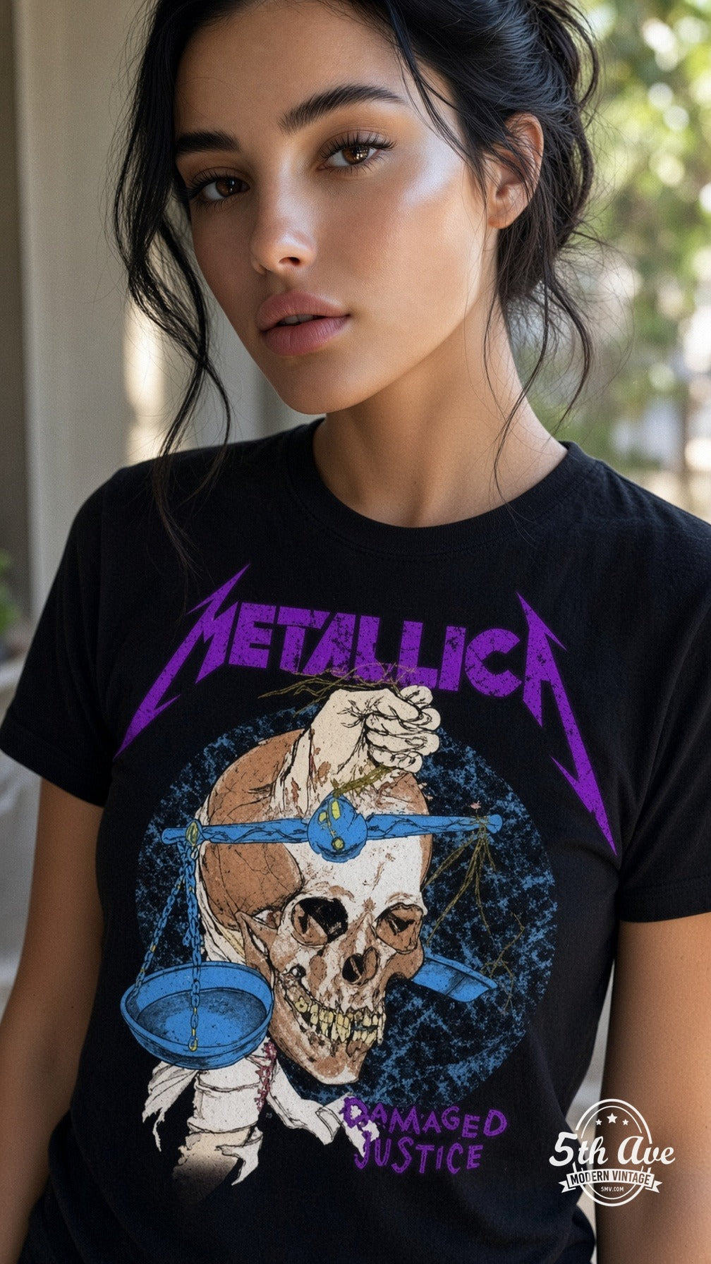 Model wearing Metallica Damaged Justice vintage band tee