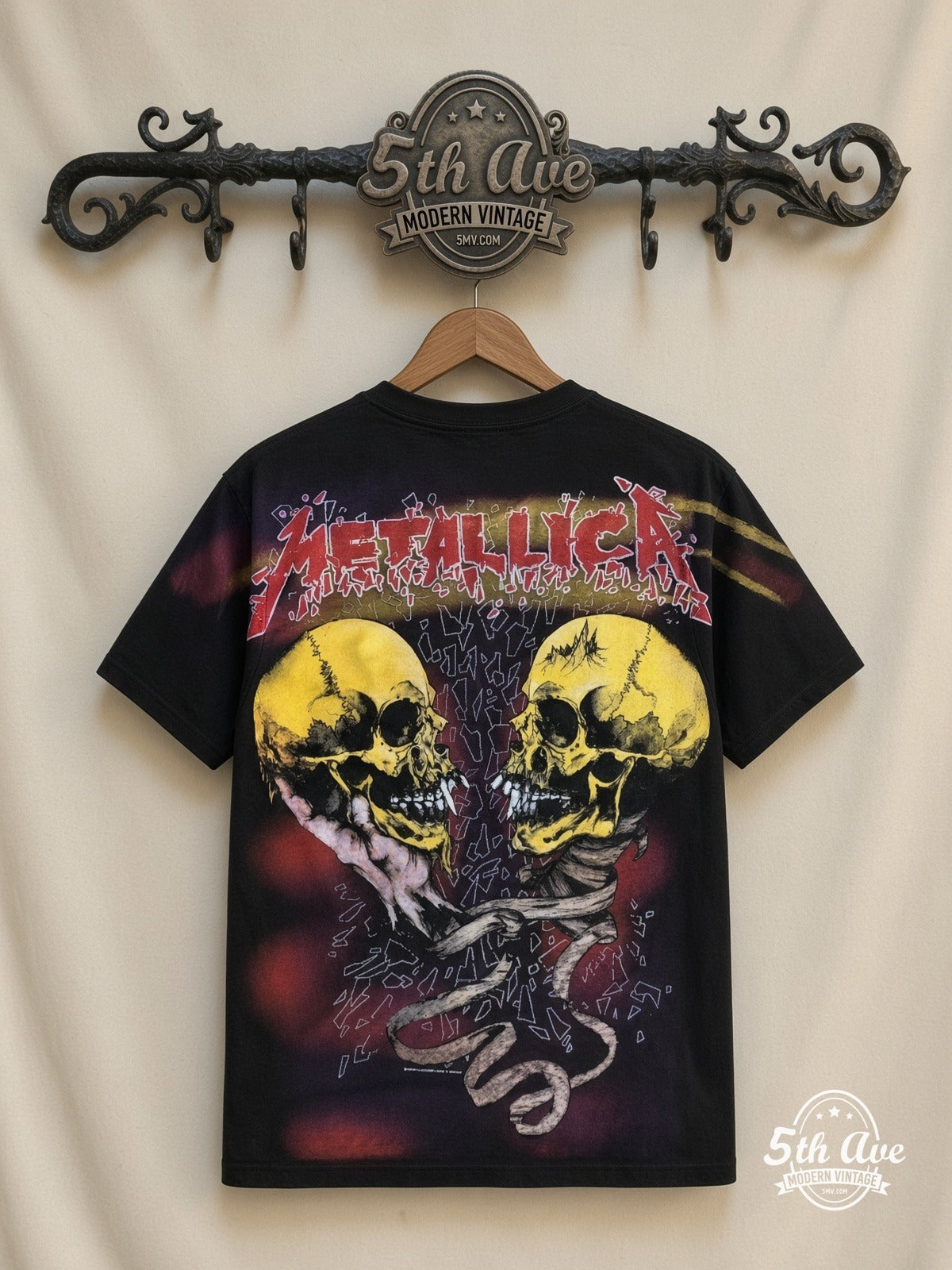 Metallica Dual Skulls Snake all over print vintage tee back on cream 5th Ave rack